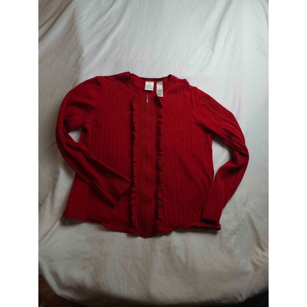 Emma James Sweater Womens‎ M Red Knit Full Zip Ruffle Trim Long Sleeves Cardigan